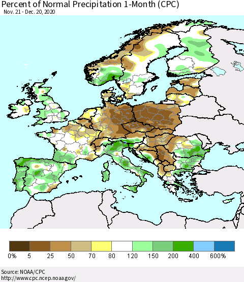 Europe Percent of Normal Precipitation 1-Month (CPC) Thematic Map For 11/21/2020 - 12/20/2020