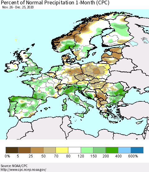 Europe Percent of Normal Precipitation 1-Month (CPC) Thematic Map For 11/26/2020 - 12/25/2020