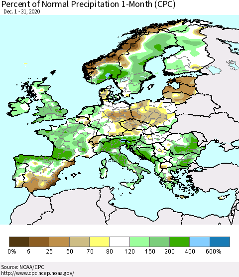 Europe Percent of Normal Precipitation 1-Month (CPC) Thematic Map For 12/1/2020 - 12/31/2020