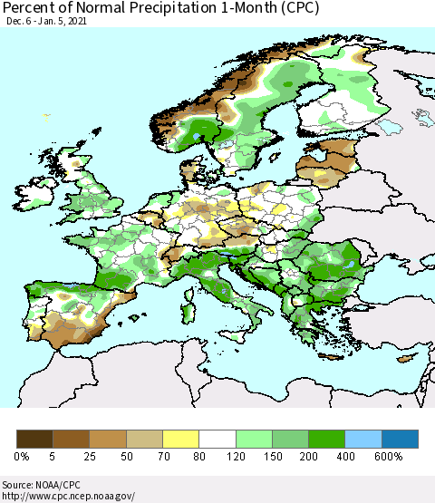 Europe Percent of Normal Precipitation 1-Month (CPC) Thematic Map For 12/6/2020 - 1/5/2021