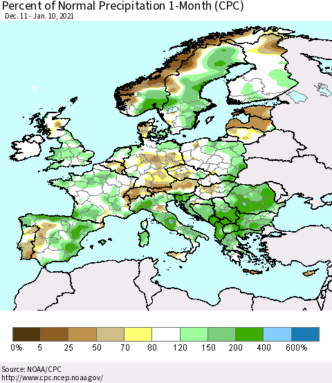 Europe Percent of Normal Precipitation 1-Month (CPC) Thematic Map For 12/11/2020 - 1/10/2021