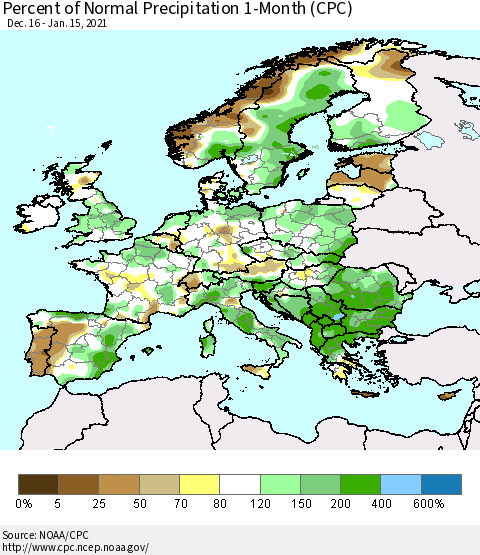 Europe Percent of Normal Precipitation 1-Month (CPC) Thematic Map For 12/16/2020 - 1/15/2021