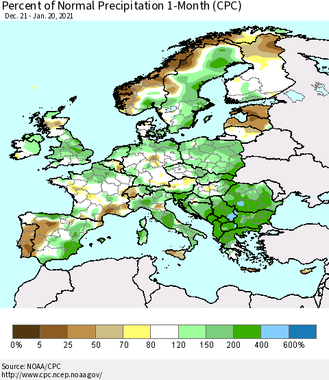 Europe Percent of Normal Precipitation 1-Month (CPC) Thematic Map For 12/21/2020 - 1/20/2021