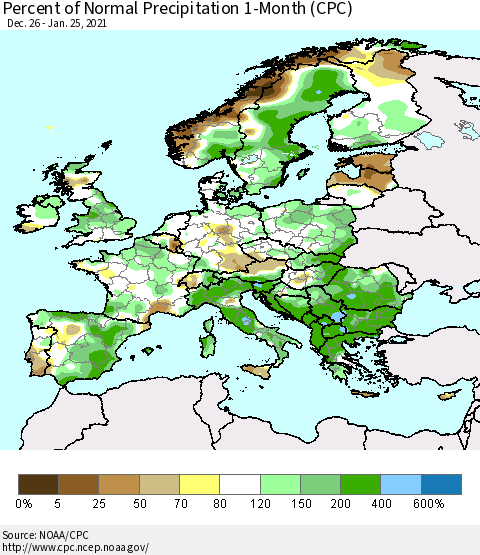 Europe Percent of Normal Precipitation 1-Month (CPC) Thematic Map For 12/26/2020 - 1/25/2021