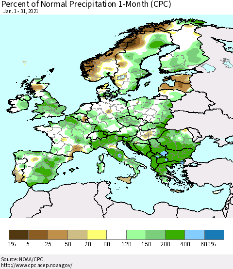 Europe Percent of Normal Precipitation 1-Month (CPC) Thematic Map For 1/1/2021 - 1/31/2021