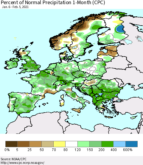 Europe Percent of Normal Precipitation 1-Month (CPC) Thematic Map For 1/6/2021 - 2/5/2021
