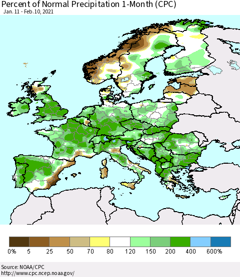 Europe Percent of Normal Precipitation 1-Month (CPC) Thematic Map For 1/11/2021 - 2/10/2021