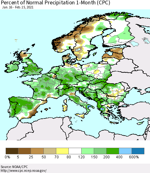 Europe Percent of Normal Precipitation 1-Month (CPC) Thematic Map For 1/16/2021 - 2/15/2021
