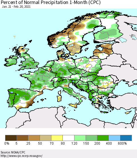 Europe Percent of Normal Precipitation 1-Month (CPC) Thematic Map For 1/21/2021 - 2/20/2021