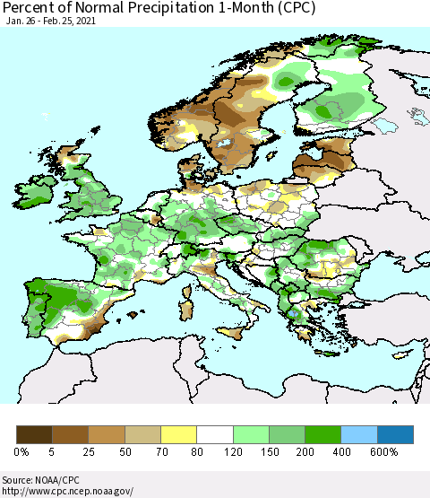 Europe Percent of Normal Precipitation 1-Month (CPC) Thematic Map For 1/26/2021 - 2/25/2021