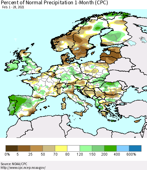 Europe Percent of Normal Precipitation 1-Month (CPC) Thematic Map For 2/1/2021 - 2/28/2021