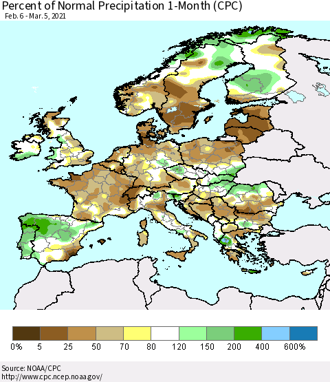 Europe Percent of Normal Precipitation 1-Month (CPC) Thematic Map For 2/6/2021 - 3/5/2021