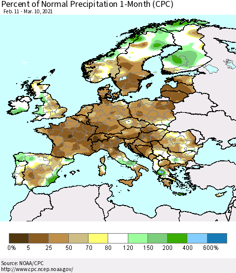 Europe Percent of Normal Precipitation 1-Month (CPC) Thematic Map For 2/11/2021 - 3/10/2021