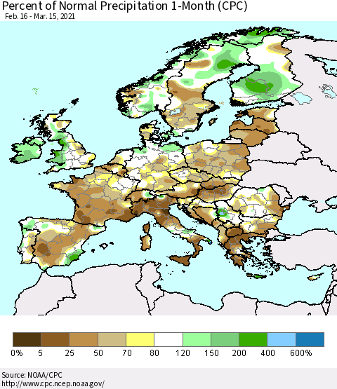 Europe Percent of Normal Precipitation 1-Month (CPC) Thematic Map For 2/16/2021 - 3/15/2021