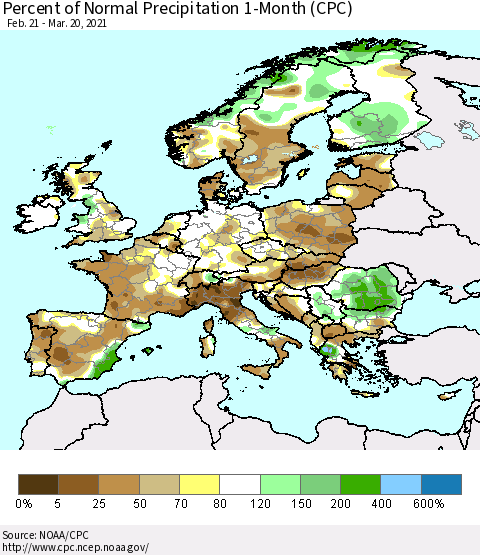 Europe Percent of Normal Precipitation 1-Month (CPC) Thematic Map For 2/21/2021 - 3/20/2021