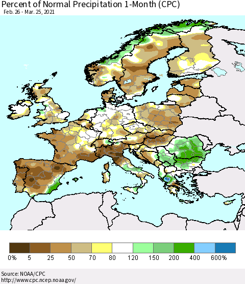Europe Percent of Normal Precipitation 1-Month (CPC) Thematic Map For 2/26/2021 - 3/25/2021