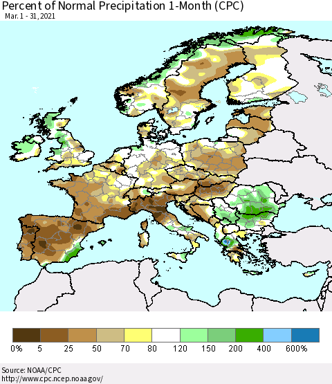 Europe Percent of Normal Precipitation 1-Month (CPC) Thematic Map For 3/1/2021 - 3/31/2021