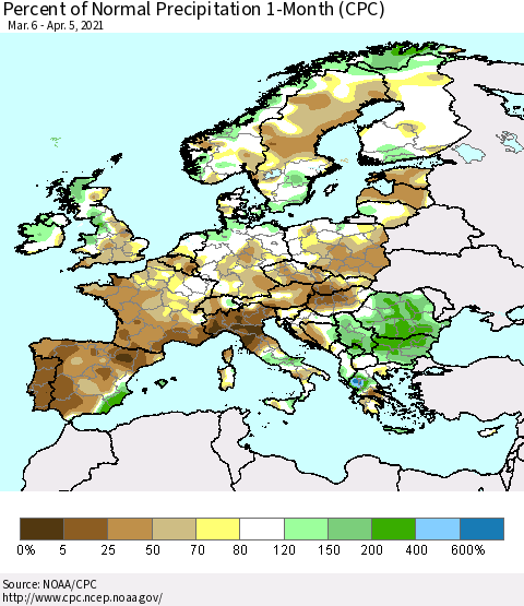 Europe Percent of Normal Precipitation 1-Month (CPC) Thematic Map For 3/6/2021 - 4/5/2021