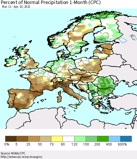 Europe Percent of Normal Precipitation 1-Month (CPC) Thematic Map For 3/11/2021 - 4/10/2021