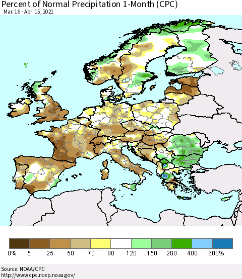 Europe Percent of Normal Precipitation 1-Month (CPC) Thematic Map For 3/16/2021 - 4/15/2021