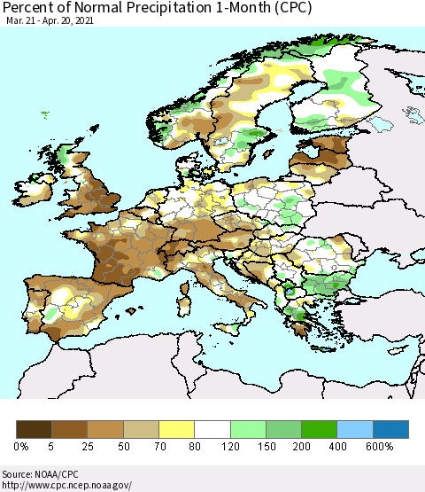 Europe Percent of Normal Precipitation 1-Month (CPC) Thematic Map For 3/21/2021 - 4/20/2021