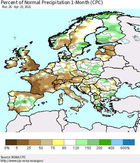 Europe Percent of Normal Precipitation 1-Month (CPC) Thematic Map For 3/26/2021 - 4/25/2021