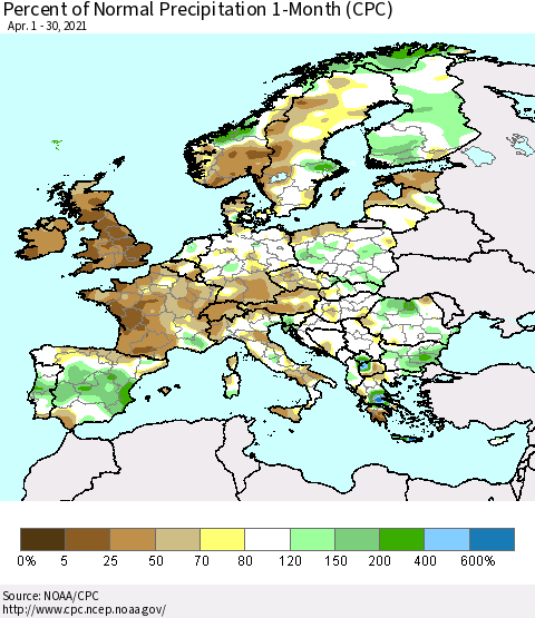 Europe Percent of Normal Precipitation 1-Month (CPC) Thematic Map For 4/1/2021 - 4/30/2021