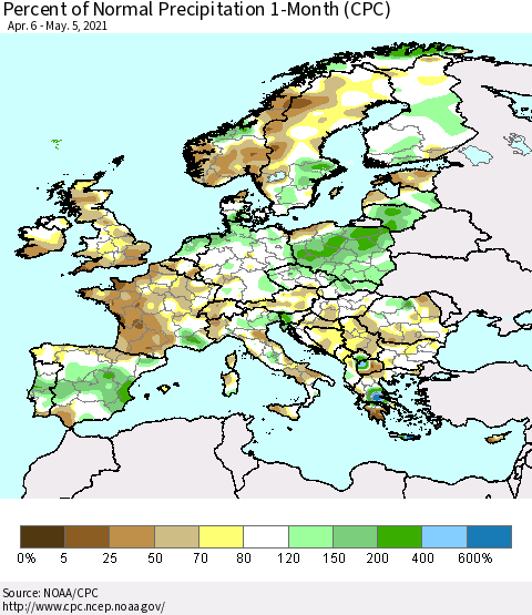 Europe Percent of Normal Precipitation 1-Month (CPC) Thematic Map For 4/6/2021 - 5/5/2021