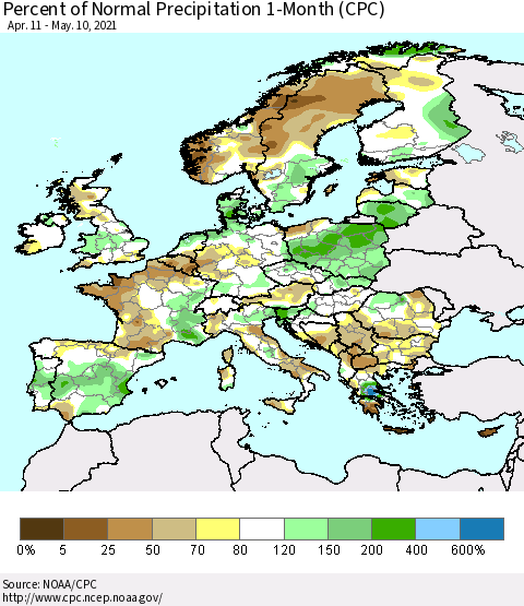 Europe Percent of Normal Precipitation 1-Month (CPC) Thematic Map For 4/11/2021 - 5/10/2021