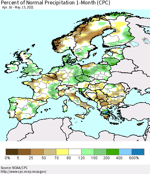 Europe Percent of Normal Precipitation 1-Month (CPC) Thematic Map For 4/16/2021 - 5/15/2021