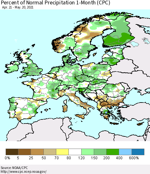 Europe Percent of Normal Precipitation 1-Month (CPC) Thematic Map For 4/21/2021 - 5/20/2021