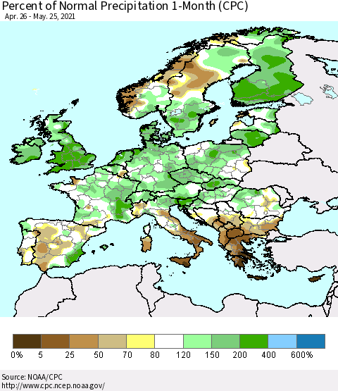Europe Percent of Normal Precipitation 1-Month (CPC) Thematic Map For 4/26/2021 - 5/25/2021