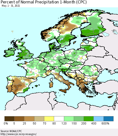 Europe Percent of Normal Precipitation 1-Month (CPC) Thematic Map For 5/1/2021 - 5/31/2021