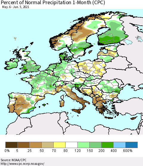 Europe Percent of Normal Precipitation 1-Month (CPC) Thematic Map For 5/6/2021 - 6/5/2021