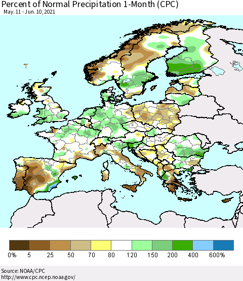 Europe Percent of Normal Precipitation 1-Month (CPC) Thematic Map For 5/11/2021 - 6/10/2021