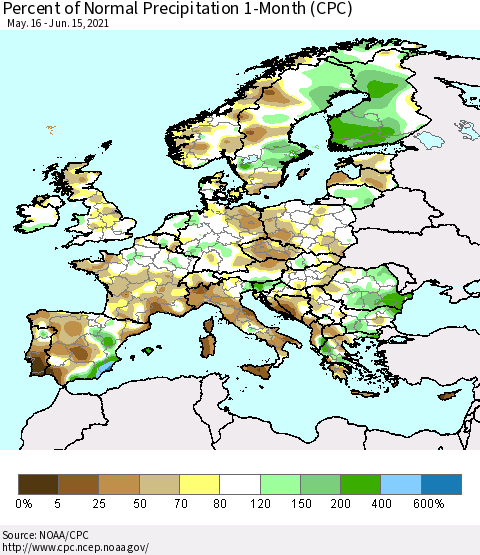 Europe Percent of Normal Precipitation 1-Month (CPC) Thematic Map For 5/16/2021 - 6/15/2021