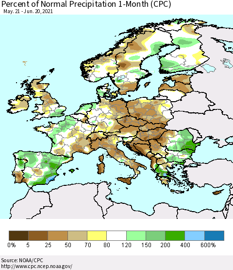 Europe Percent of Normal Precipitation 1-Month (CPC) Thematic Map For 5/21/2021 - 6/20/2021