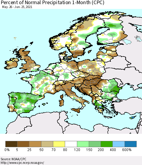 Europe Percent of Normal Precipitation 1-Month (CPC) Thematic Map For 5/26/2021 - 6/25/2021