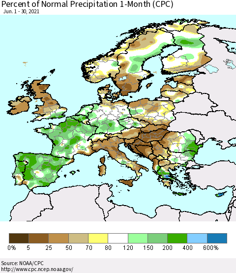 Europe Percent of Normal Precipitation 1-Month (CPC) Thematic Map For 6/1/2021 - 6/30/2021