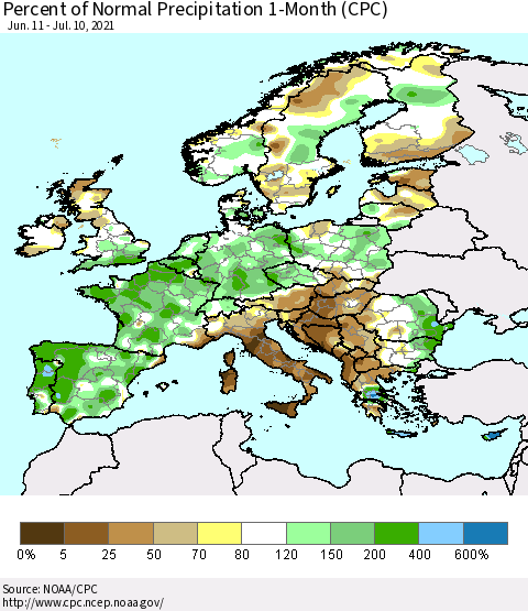 Europe Percent of Normal Precipitation 1-Month (CPC) Thematic Map For 6/11/2021 - 7/10/2021