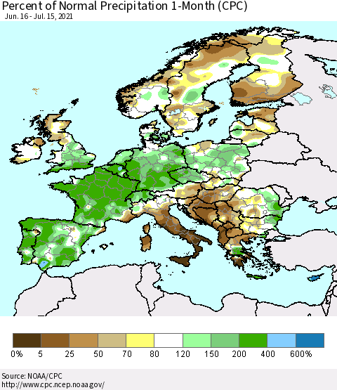 Europe Percent of Normal Precipitation 1-Month (CPC) Thematic Map For 6/16/2021 - 7/15/2021