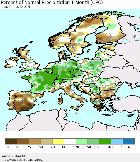 Europe Percent of Normal Precipitation 1-Month (CPC) Thematic Map For 6/21/2021 - 7/20/2021