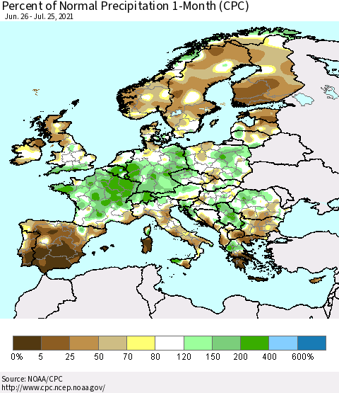 Europe Percent of Normal Precipitation 1-Month (CPC) Thematic Map For 6/26/2021 - 7/25/2021