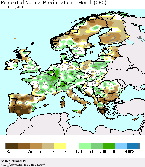 Europe Percent of Normal Precipitation 1-Month (CPC) Thematic Map For 7/1/2021 - 7/31/2021
