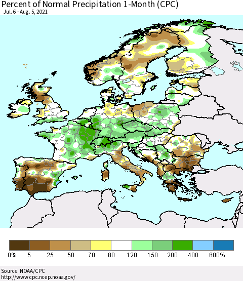Europe Percent of Normal Precipitation 1-Month (CPC) Thematic Map For 7/6/2021 - 8/5/2021