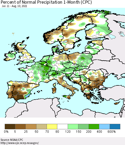 Europe Percent of Normal Precipitation 1-Month (CPC) Thematic Map For 7/11/2021 - 8/10/2021
