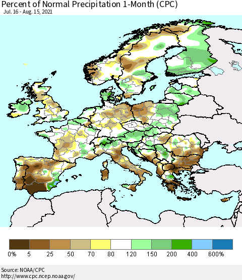 Europe Percent of Normal Precipitation 1-Month (CPC) Thematic Map For 7/16/2021 - 8/15/2021