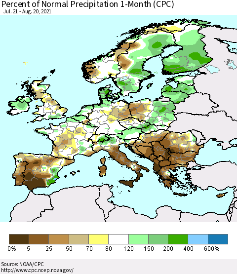 Europe Percent of Normal Precipitation 1-Month (CPC) Thematic Map For 7/21/2021 - 8/20/2021