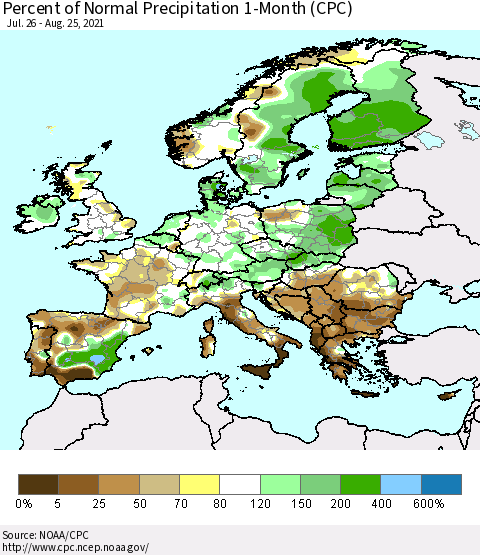 Europe Percent of Normal Precipitation 1-Month (CPC) Thematic Map For 7/26/2021 - 8/25/2021