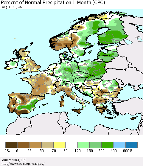Europe Percent of Normal Precipitation 1-Month (CPC) Thematic Map For 8/1/2021 - 8/31/2021